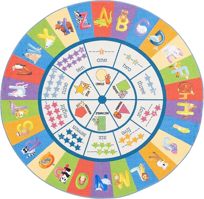 SAFAVIEH Kids Playhouse Collection Area Rug - 5' Round, Beige & Blue, Non-Shedding Machine Washable & Slip Resistant Ideal for High Traffic Areas for Boys & Girls in Playroom, Bedroom (KPH225A)