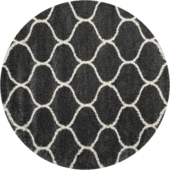 SAFAVIEH Hudson Shag Collection 5' Round Dark Grey/Ivory SGH280G Moroccan Ogee Trellis Non-Shedding Living Room Bedroom Dining Room Entryway Plush 2-inch Thick Area Rug