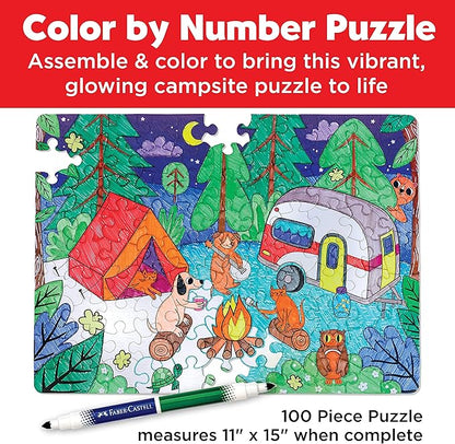 Faber-Castell Color by Number Puzzle, Camping - 100 Pieces, DIY Coloring Puzzle Set for Kids Ages 6+, Small