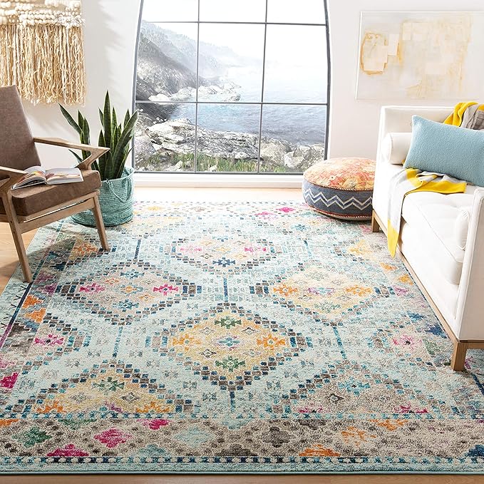 SAFAVIEH Madison Collection Area Rug - 9' x 12', Blue & Yellow, Boho Diamond Distressed Design, Non-Shedding & Easy Care, Ideal for High Traffic Areas in Living Room, Bedroom (MAD418K)