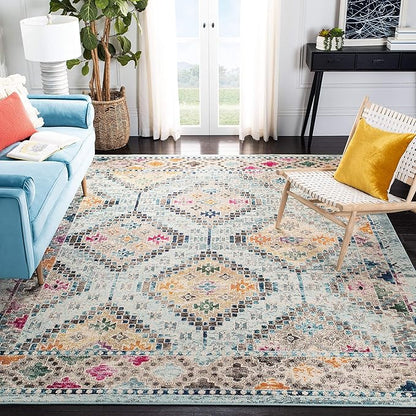 SAFAVIEH Madison Collection Area Rug - 9' x 12', Blue & Yellow, Boho Diamond Distressed Design, Non-Shedding & Easy Care, Ideal for High Traffic Areas in Living Room, Bedroom (MAD418K)