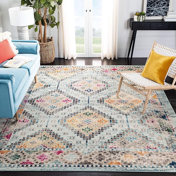 SAFAVIEH Madison Collection Area Rug - 9' x 12', Blue & Yellow, Boho Diamond Distressed Design, Non-Shedding & Easy Care, Ideal for High Traffic Areas in Living Room, Bedroom (MAD418K)