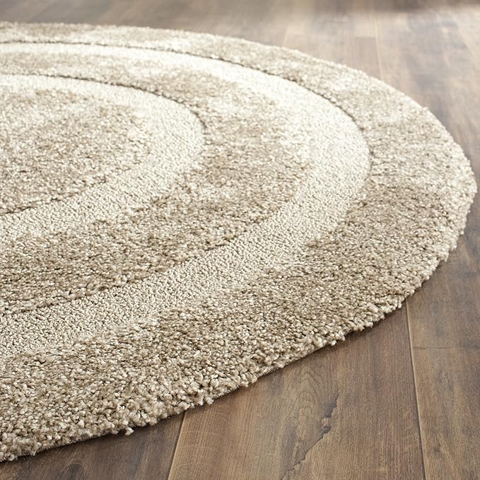 SAFAVIEH Florida Shag Collection Area Rug - 4' Round, Beige & Beige, Border Design, Non-Shedding & Easy Care, 1.2-inch Thick Ideal for High Traffic Areas in Living Room, Bedroom (SG454-1313)