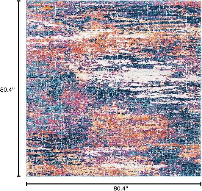 SAFAVIEH Evoke Collection Area Rug - 6'7" Square, Navy & Orange, Modern Abstract Design, Non-Shedding & Easy Care, Ideal for High Traffic Areas in Living Room, Bedroom (EVK272N)