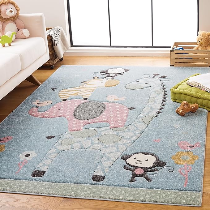 SAFAVIEH Carousel Kids Collection Area Rug - 5'3" x 7'6", Blue, Animal Design, Ideal for High Traffic Area for Boys & Girls in Playroom, Nursery, Bedroom (CRK120K-5)