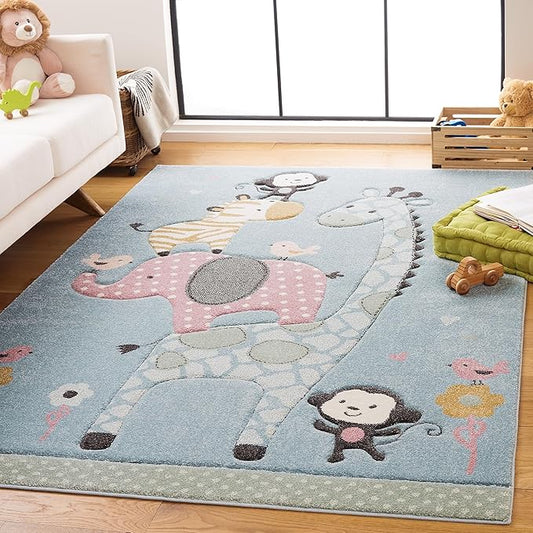 SAFAVIEH Carousel Kids Collection Area Rug - 5'3" x 7'6", Blue, Animal Design, Ideal for High Traffic Area for Boys & Girls in Playroom, Nursery, Bedroom (CRK120K-5)