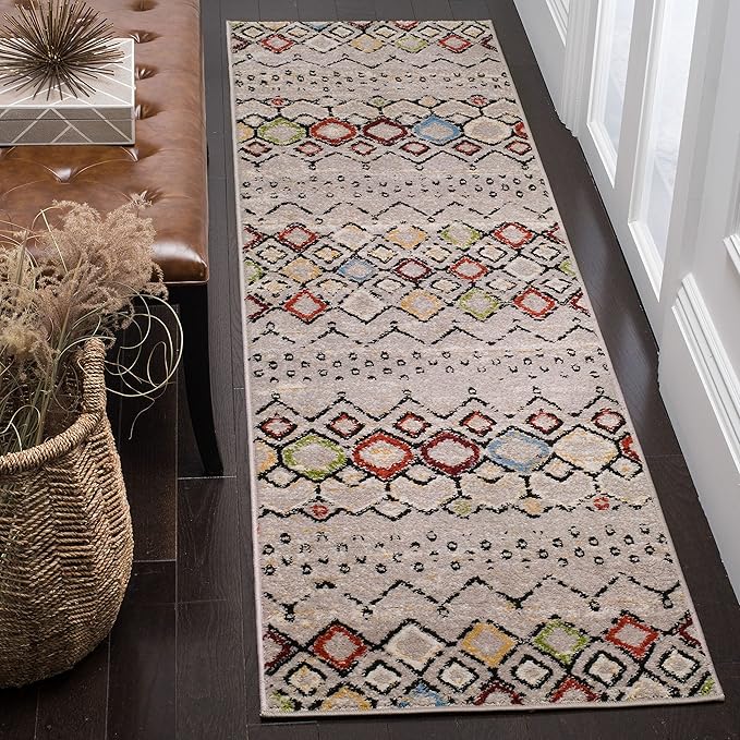 SAFAVIEH Amsterdam Collection Runner Rug - 2'3" x 8', Light Grey & Multi, Moroccan Boho Design, Non-Shedding & Easy Care, Ideal for High Traffic Areas in Living Room, Bedroom (AMS108G)