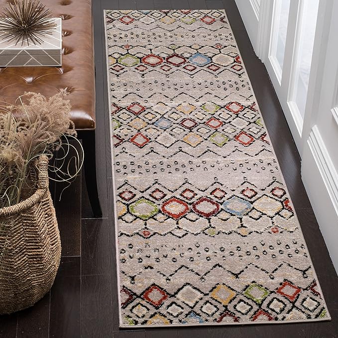 SAFAVIEH Amsterdam Collection Runner Rug - 2'3" x 20', Light Grey & Multi, Moroccan Boho Design, Non-Shedding & Easy Care, Ideal for High Traffic Areas in Living Room, Bedroom (AMS108G)