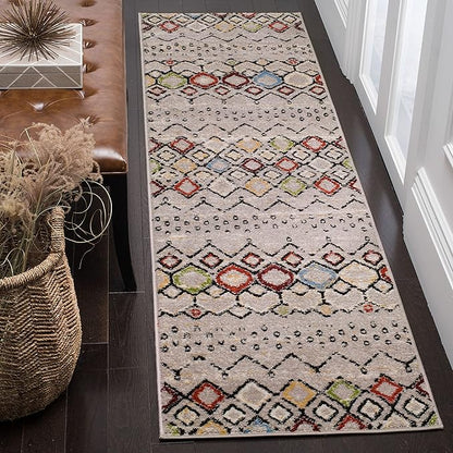 SAFAVIEH Amsterdam Collection Runner Rug - 2'3" x 12', Light Grey & Multi, Moroccan Boho Design, Non-Shedding & Easy Care, Ideal for High Traffic Areas in Living Room, Bedroom (AMS108G)