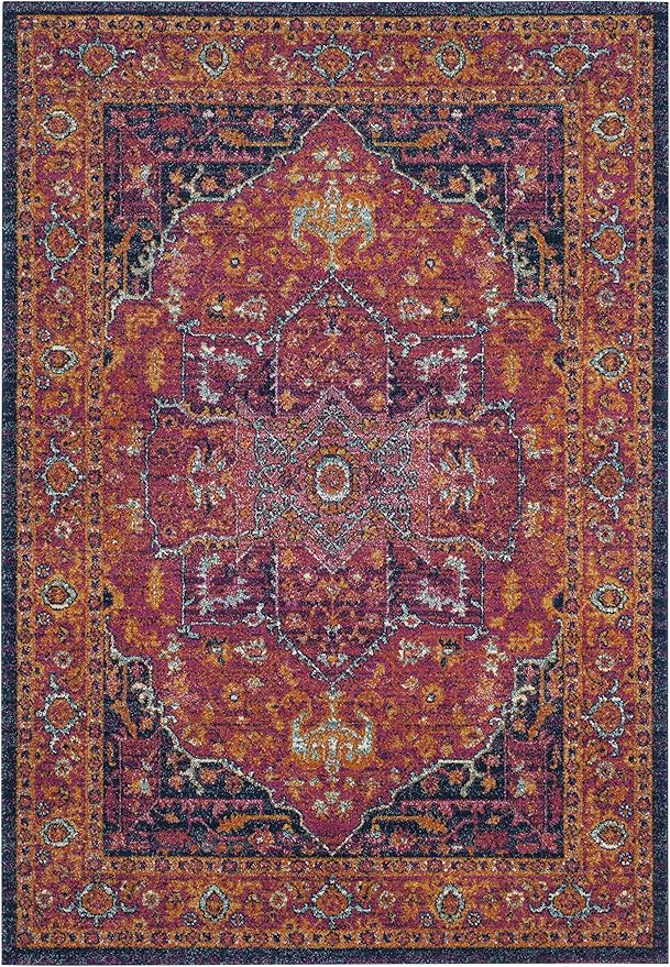 SAFAVIEH Evoke Collection 5'1" x 7'6" Fuchsia / Orange EVK275S Oriental Medallion Distressed Non-Shedding Living Room Bedroom Area Rug
