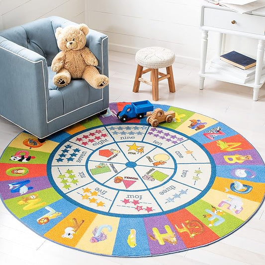SAFAVIEH Kids Playhouse Collection Area Rug - 5' Round, Beige & Blue, Non-Shedding Machine Washable & Slip Resistant Ideal for High Traffic Areas for Boys & Girls in Playroom, Bedroom (KPH225A)