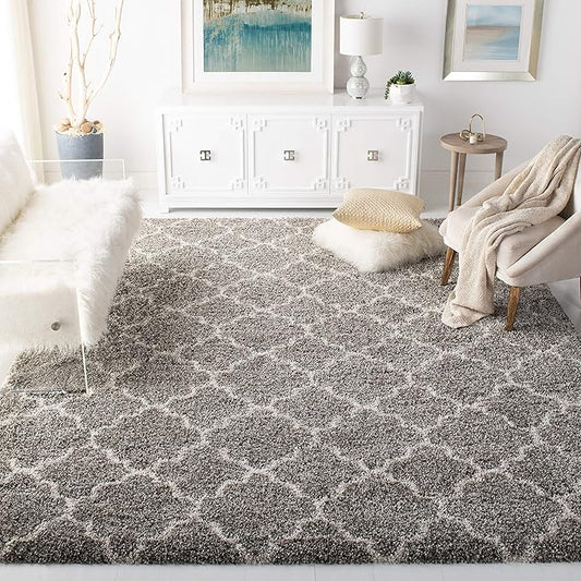SAFAVIEH Hudson Shag Collection 7' Square Grey/Ivory SGH282B Moroccan Trellis Non-Shedding Living Room Bedroom Dining Room Entryway Plush 2-inch Thick Area Rug