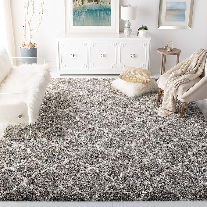 SAFAVIEH Hudson Shag Collection 7' Square Grey/Ivory SGH282B Moroccan Trellis Non-Shedding Living Room Bedroom Dining Room Entryway Plush 2-inch Thick Area Rug