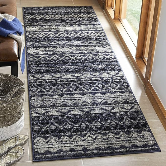 SAFAVIEH Adirondack Collection Runner Rug - 2'6" x 10', Ivory & Navy, Moroccan Boho Distressed Design, Non-Shedding & Easy Care, Ideal for High Traffic Areas in Living Room, Bedroom (ADR119M)