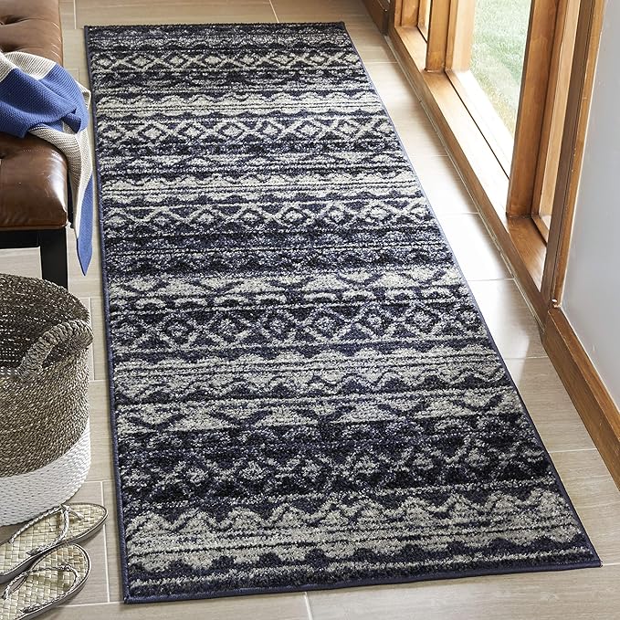 SAFAVIEH Adirondack Collection Runner Rug - 2'6" x 6', Ivory & Navy, Moroccan Boho Distressed Design, Non-Shedding & Easy Care, Ideal for High Traffic Areas in Living Room, Bedroom (ADR119M)