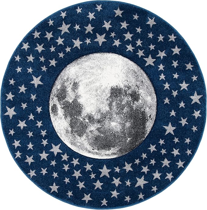 SAFAVIEH Carousel Kids Collection 4' Round Navy/Grey CRK135N Moon & Stars Non-Shedding Playroom Nursery Bedroom Area Rug