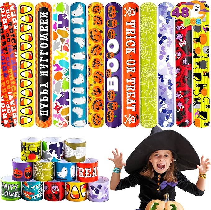 JOYIN 48 PCS Halloween Slap Bracelets for Kids Halloween Party Favors, Friendship Bracelets Bulk Girls Boys Gifts Trick or Treats Party Decorations, Snap Bracelet Classroom Exchange Prizes