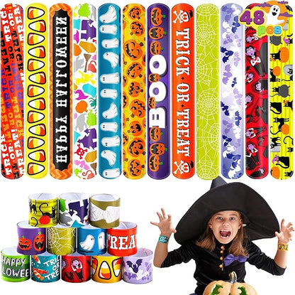 JOYIN 48 PCS Halloween Slap Bracelets for Kids Halloween Party Favors, Friendship Bracelets Bulk Girls Boys Gifts Trick or Treats Party Decorations, Snap Bracelet Classroom Exchange Prizes
