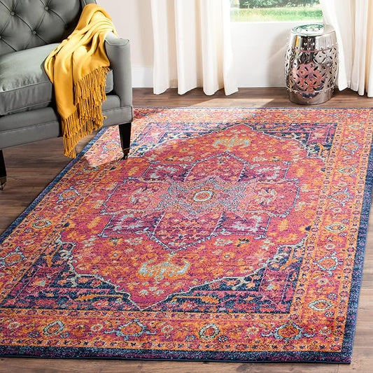 SAFAVIEH Evoke Collection 5'1" x 7'6" Fuchsia / Orange EVK275S Oriental Medallion Distressed Non-Shedding Living Room Bedroom Area Rug