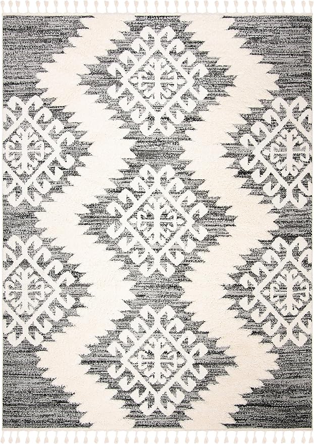 SAFAVIEH Moroccan Tassel Shag Collection Area Rug - 6'7" x 9'2", Ivory & Grey, Boho Design, Non-Shedding & Easy Care, 2-inch Thick Ideal for High Traffic Areas in Living Room, Bedroom (MTS652F)