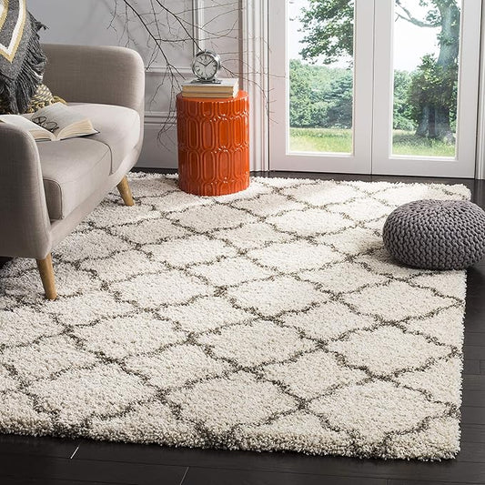 SAFAVIEH Hudson Shag Collection Area Rug - 9' x 12', Ivory & Grey, Moroccan Trellis Design, Non-Shedding & Easy Care, 2-inch Thick Ideal for High Traffic Areas in Living Room, Bedroom (SGH282A)