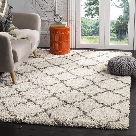 SAFAVIEH Hudson Shag Collection Area Rug - 9' x 12', Ivory & Grey, Moroccan Trellis Design, Non-Shedding & Easy Care, 2-inch Thick Ideal for High Traffic Areas in Living Room, Bedroom (SGH282A)