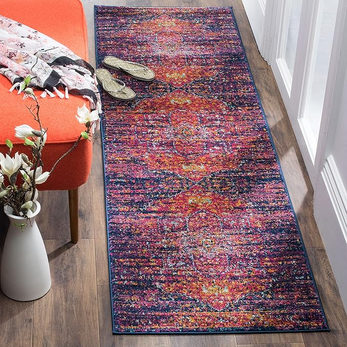 SAFAVIEH Evoke Collection 2'2" x 11' Blue / Fuchsia EVK275F Oriental Medallion Distressed Non-Shedding Living Room Bedroom Runner Rug