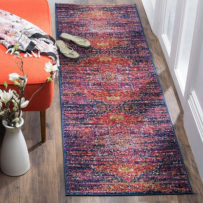 SAFAVIEH Evoke Collection 2'2" x 11' Blue / Fuchsia EVK275F Oriental Medallion Distressed Non-Shedding Living Room Bedroom Runner Rug
