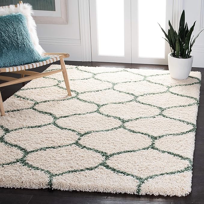 SAFAVIEH Hudson Shag Collection Accent Rug - 4' x 6', Ivory & Green, Modern Trellis Design, Non-Shedding & Easy Care, 2-inch Thick Ideal for High Traffic Areas in Foyer, Living Room, Bedroom (SGH280H)