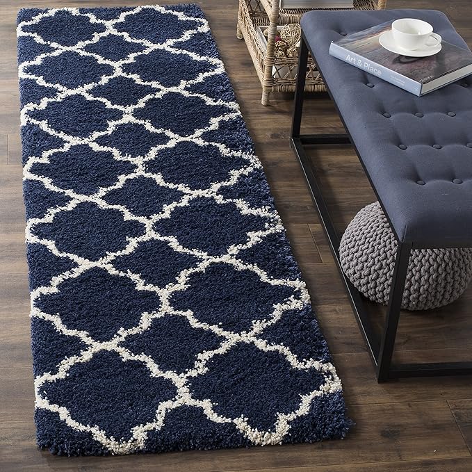 SAFAVIEH Hudson Shag Collection Runner Rug - 2'3" x 8', Navy & Ivory, Moroccan Trellis Design, Non-Shedding & Easy Care, 2-inch Thick Ideal for High Traffic Areas in Living Room, Bedroom (SGH282C)