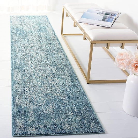 SAFAVIEH Evoke Collection 2'2" x 9' Blue/Ivory EVK256C Oriental Distressed Non-Shedding Living Room Entryway Foyer Hallway Bedroom Runner Rug