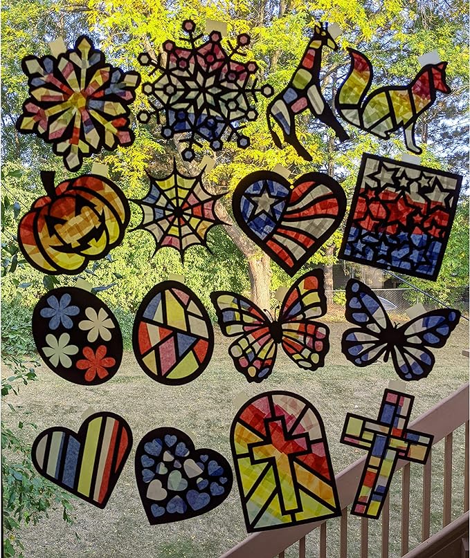 VHALE Suncatchers Craft 3 Sets (9 Cutouts) w Tissue Papers Stained Glass Effect Paper Sun Catcher Kit, Window Art, Classroom Crafts, Creative Art Projects, Kids Party Favors (Patriotic)