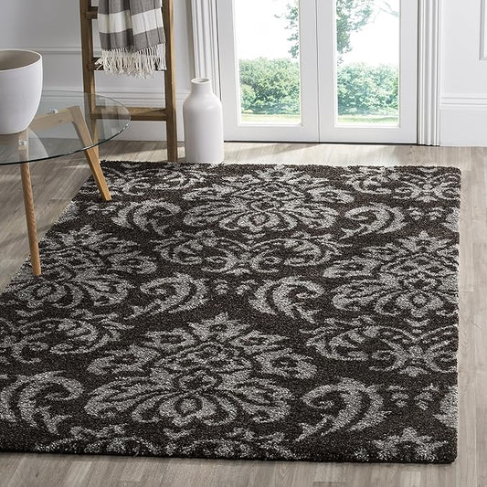SAFAVIEH Florida Shag Collection 5' Square Dark Brown / Smoke SG460 Damask Non-Shedding Living Room Bedroom Dining Room Entryway Plush 1.2-inch Thick Area Rug