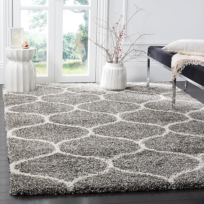 SAFAVIEH Hudson Shag Collection 7' Square Grey/Ivory SGH280B Moroccan Ogee Trellis Non-Shedding Living Room Bedroom Dining Room Entryway Plush 2-inch Thick Area Rug