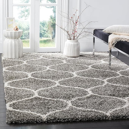 SAFAVIEH Hudson Shag Collection 7' Square Grey/Ivory SGH280B Moroccan Ogee Trellis Non-Shedding Living Room Bedroom Dining Room Entryway Plush 2-inch Thick Area Rug