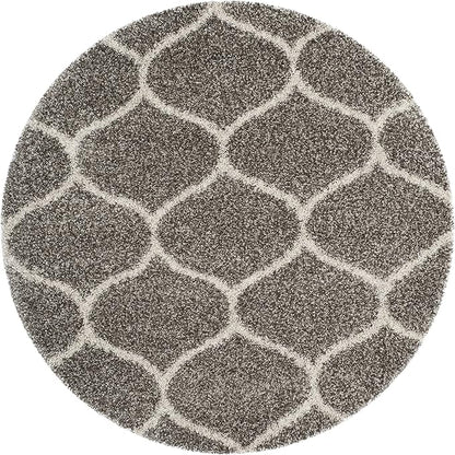 SAFAVIEH Hudson Shag Collection 7' Round Grey/Ivory SGH280B Moroccan Ogee Trellis Non-Shedding Living Room Bedroom Dining Room Entryway Plush 2-inch Thick Area Rug