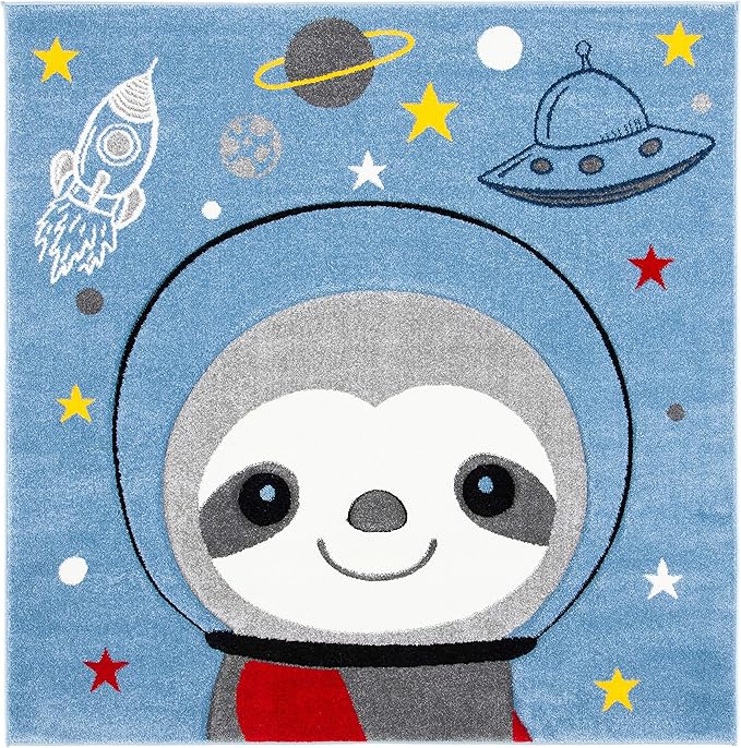 SAFAVIEH Carousel Kids Collection 3' Square Blue/Grey CRK140M Sloth Astronaut Non-Shedding Playroom Nursery Bedroom Area Rug