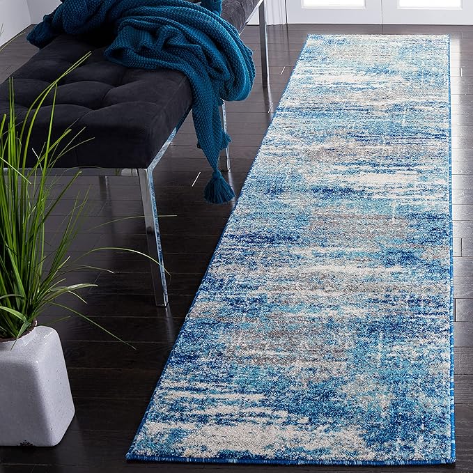 SAFAVIEH Evoke Collection 2'2" x 9' Light Blue/Grey EVK272M Modern Abstract Non-Shedding Living Room Dining Entryway Foyer Hallway Runner Rug