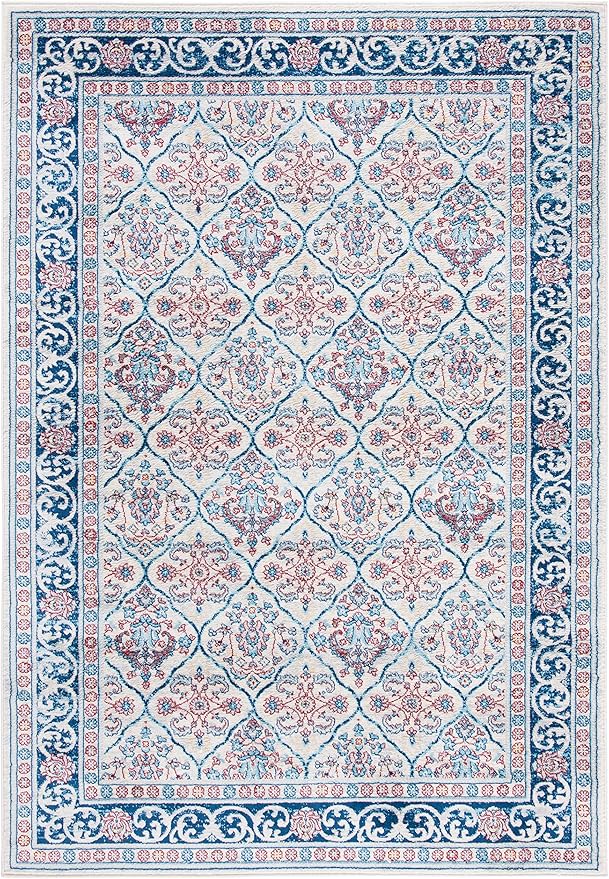 SAFAVIEH Brentwood Collection 6' x 9' Beige / Navy BNT870B Oriental Damask Trellis Non-Shedding Living Room Bedroom Dining Home Office Area Rug