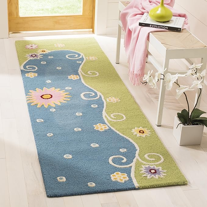 SAFAVIEH Kids Collection Runner Rug - 2'3" x 7', Blue & Green, Handmade Floral Wool, Ideal for High Traffic Areas in Living Room, Bedroom (SFK383A)