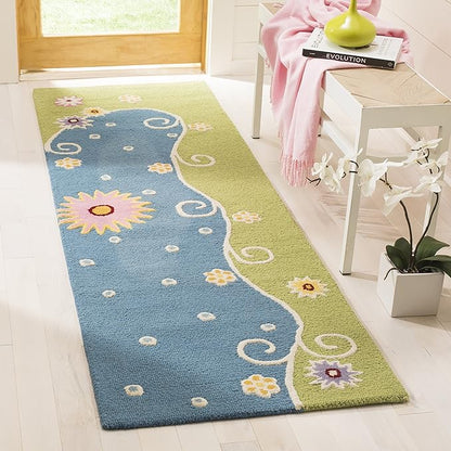 SAFAVIEH Kids Collection Runner Rug - 2'3" x 7', Blue & Green, Handmade Floral Wool, Ideal for High Traffic Areas in Living Room, Bedroom (SFK383A)