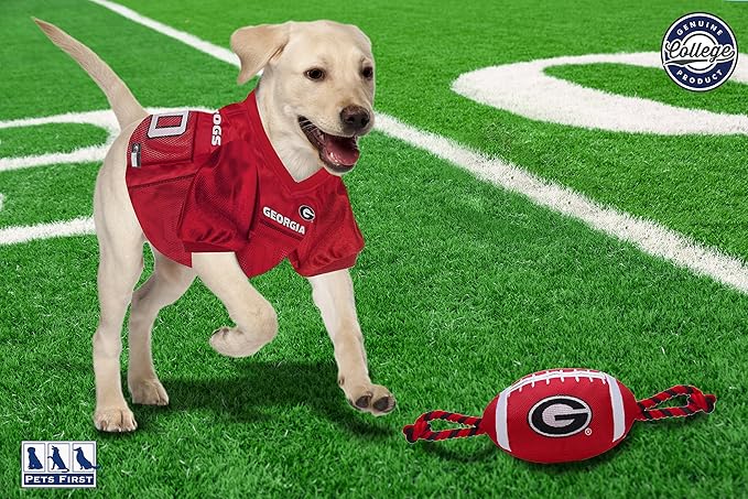 Pets First NCAA Georgia Bulldogs Football Dog Toy, Tough Quality Nylon Materials, Strong Pull Ropes, Inner Squeaker, Collegiate Team Color