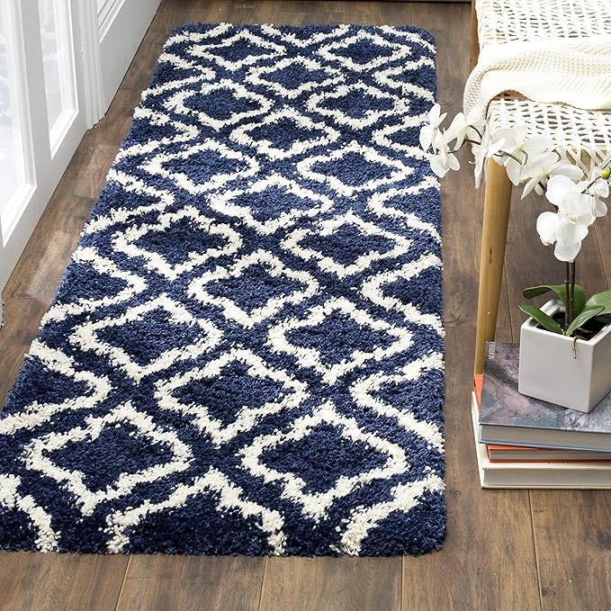 SAFAVIEH Hudson Shag Collection Runner Rug - 2'3" x 6', Navy & Ivory, Moroccan Design, Non-Shedding & Easy Care, 2-inch Thick Ideal for High Traffic Areas in Living Room, Bedroom (SGH284C)