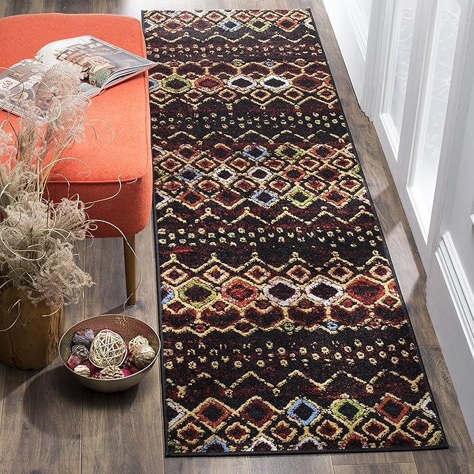 SAFAVIEH Amsterdam Collection Runner Rug - 2'3" x 10', Black & Multi, Moroccan Boho Design, Non-Shedding & Easy Care, Ideal for High Traffic Areas in Living Room, Bedroom (AMS108P)