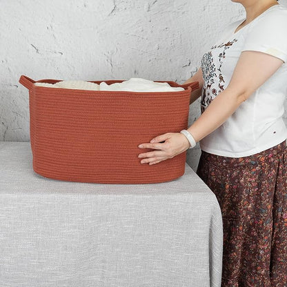 XUANGUO Large Rectangle Blankets Basket Living Room 22"x17"x12" Woven Cotton Rope Storage Baskets for Nursery Toy Baskets for Kids and Dogs Wicker Laundry Basket Bin for Clothes Towels rustic