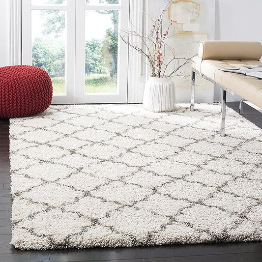 SAFAVIEH Hudson Shag Collection Area Rug - 6' x 9', Ivory & Grey, Moroccan Trellis Design, Non-Shedding & Easy Care, 2-inch Thick Ideal for High Traffic Areas in Living Room, Bedroom (SGH282A)