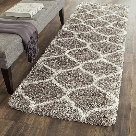 SAFAVIEH Hudson Shag Collection Runner Rug - 2'3" x 16', Grey & Ivory, Moroccan Trellis Design, Non-Shedding & Easy Care, 2-inch Thick Ideal for High Traffic Areas in Living Room, Bedroom (SGH280B)