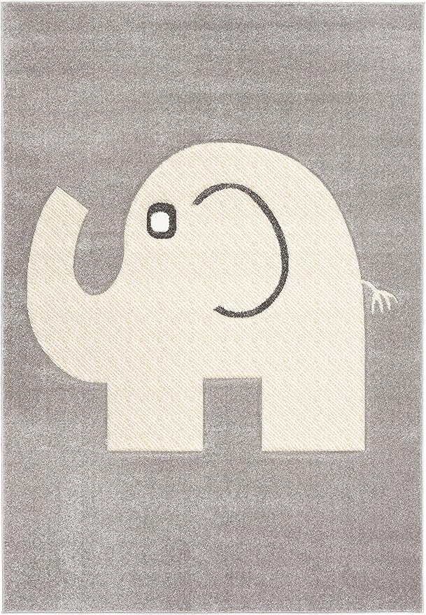 SAFAVIEH Carousel Kids Collection Area Rug - 6'7" x 9', Grey & Ivory, Elephant Design, Non-Shedding & Easy Care, Ideal for High Traffic Areas for Boys & Girls in Playroom, Nursery, Bedroom (CRK165B)