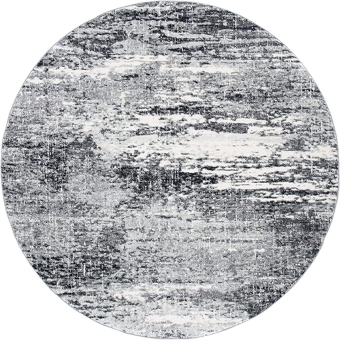 SAFAVIEH Evoke Collection 6'7" Round Ivory / Dark Grey EVK272G Modern Abstract Non-Shedding Dining Room Entryway Foyer Living Room Bedroom Area Rug
