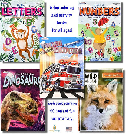 Kappa Coloring and Activity Books for Boys, Numbers and Letters, ABCs, Wild Animals, Dinosaurs, Tough Trucks, 8.5”x11” Extra Large Size for Hours of Fun, Ages 2-4, 4-8, 8-12 (Pack of 5)